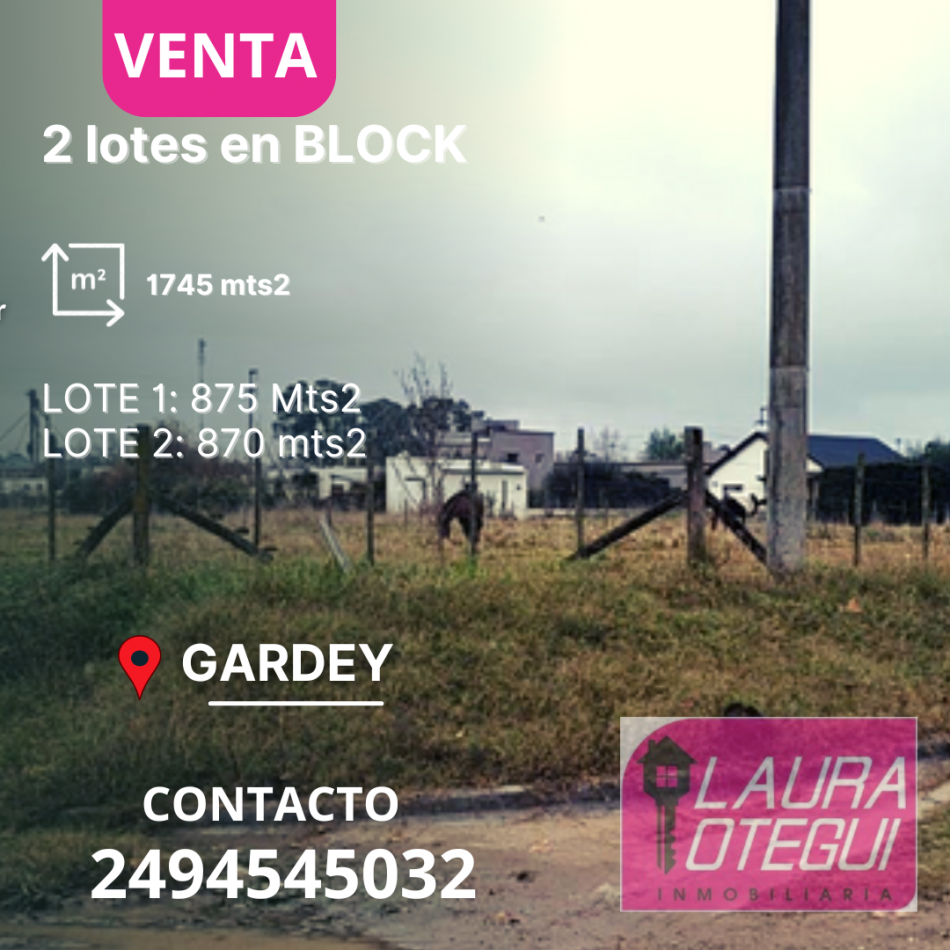 VENTA EN BLOQUE DOS LOTES EN GARDEY por un total de 1745 mts2 OPORTUNIDAD DE INVERSION